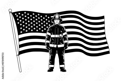 Firefighter standing in front of american flag