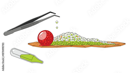 Scientific illustration showing a laboratory experiment where a red cell is being treated with a green liquid in a petri dish environment.