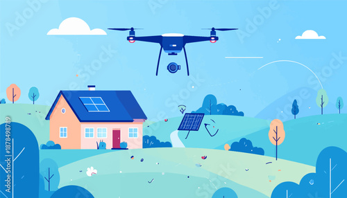 Modern house with solar panels and drone monitoring in a serene landscape