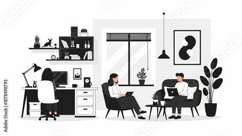 Modern illustration of people working remotely in a stylish, well-lit home office environment