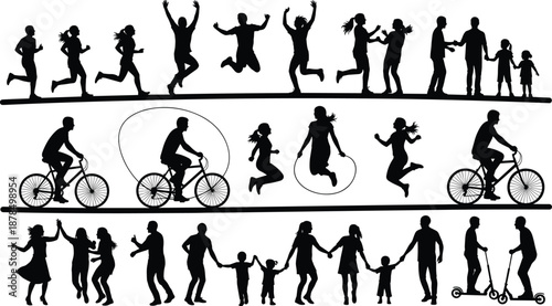 Active lifestyle silhouettes showing running jumping cycling skipping rope family fun fitness outdoor recreation healthy movement illustration