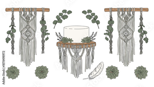 Bohemian style wedding decor set featuring intricate macrame wall hangings, succulents, eucalyptus branches, and a white tiered cake stand.