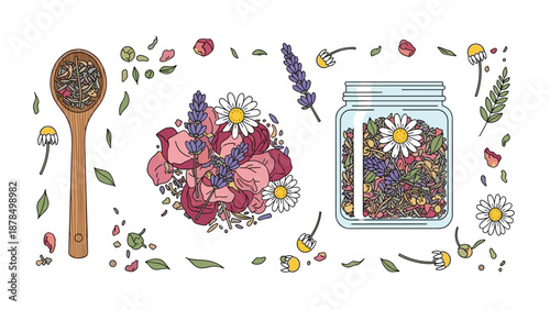Natural herbal tea ingredients collection including lavender, chamomile flowers, dried rose petals, and a glass jar of custom loose leaf tea.
