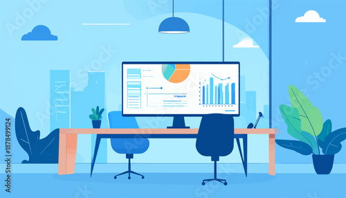 Modern office with city view, plants, and analytics on screen