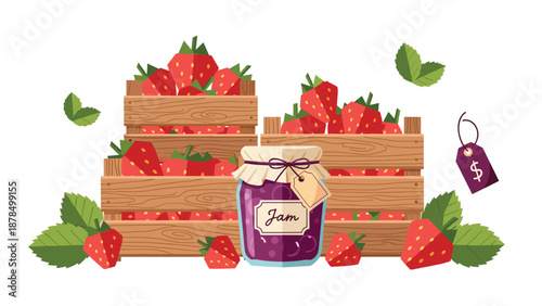 Freshly harvested strawberries displayed in wooden crates alongside a jar of sweet berry jam and green leaves in a rustic market setting.