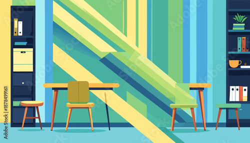 Modern office with desks, chairs, and shelves in a colorful, abstract setting