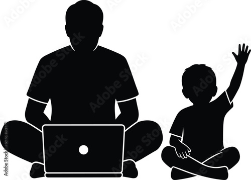 Father and child silhouette sitting with laptop isolated on white background representing parenting, technology, learning, education, family bonding concept