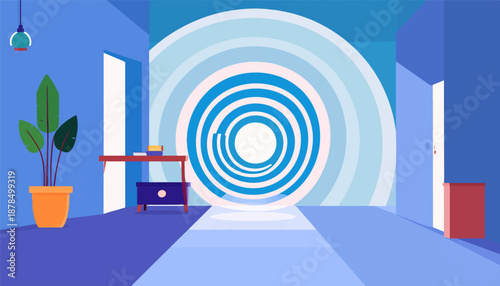 Modern room with abstract portal and plant