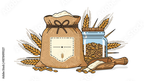 Traditional harvest collection featuring a large sack of flour, stalks of golden wheat, a jar of grain, and a wooden scoop on a white base.