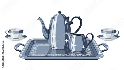 Elegant silver tea service set displayed on a matching tray with a teapot, milk creamer, and two delicate teacups and saucers with a shine.