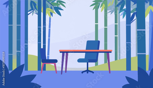 Minimalist office setup amidst a serene blue and green bamboo forest scene