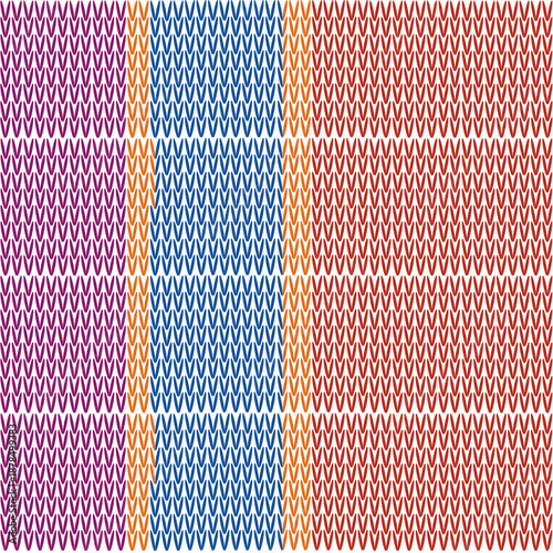seamless knitted pattern with colorful stripes Repeating geometric vertical pattern in purple, blue orange and red, creating a modern structured  decorative graphic design.