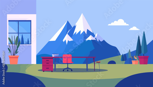 Minimalist office setup with a red chair and desk against a backdrop of majestic, snow-capped mountains under a blue sky