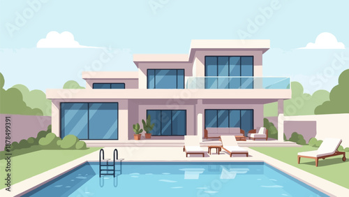 Modern villa with pool, lounge chairs, and lush greenery under a bright sky