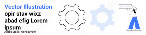 Manufacturing, engineering, teamwork, industrial planning, product development, gear mechanism. Two gear icons, one worker holding a blueprint. Manufacturing and engineering visualization
