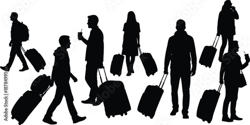 Travelers silhouette walking with rolling luggage isolated on white background representing tourism, journey, airport travel, business trip, lifestyle mobility