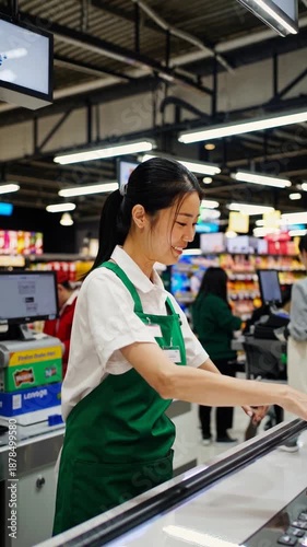 Customer interaction at a grocery store checkout with clerk assisting during busy shopping hours