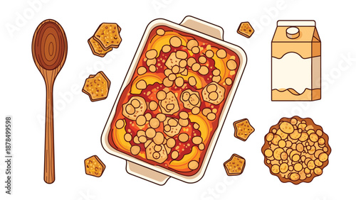 Home cooked meal scene featuring a baked casserole dish, wooden spoon, crackers, a carton of milk, and a sweet fruit tart on the side.