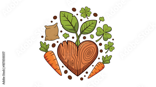Heart shaped wooden piece is surrounded by fresh orange carrots, green clover leaves, and a burlap sack in a garden theme.