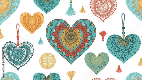 Beautiful bohemian seamless pattern displaying intricate heart shaped ornaments with mandalas and tassels in teal and gold.