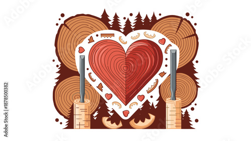 Heart shaped wood piece with concentric rings, surrounded by wood shavings, chisels, and tree stump textures in a forest setting.