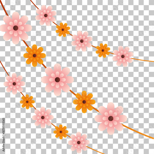 Decorative strings of pink and orange flowers with a transparent background, perfect for spring or festive designs.