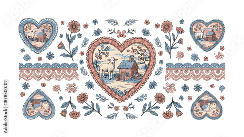 Classic toile de jouy pattern featuring pastoral heart scenes with sheep and cottages, surrounded by delicate pink lace and flowers.
