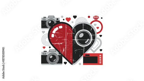 Creative photography icon featuring a vintage camera lens integrated into a red and black textured heart shape for photographers.