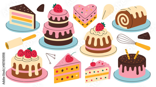Collection of assorted cakes, pastries, cupcakes, and baking accessories including a rolling pin and whisk in colorful flat design.
