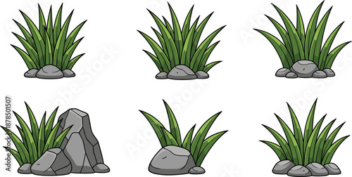 Cartoon grass and stone elements vector set with green plants and rocks for landscape game and nature design