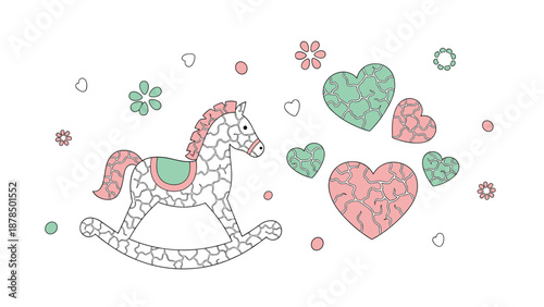 Nursery illustration featuring a white rocking horse with green and pink details surrounded by patterned hearts and floral accents.