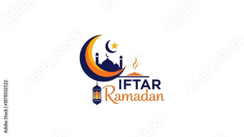 Ramadan Iftar logo crescent moon with mosque and lantern Islamic tradition and celebration vector illustration on white background