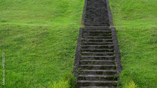 Old stone stairs leading up a green grassy hill in a park landscape.