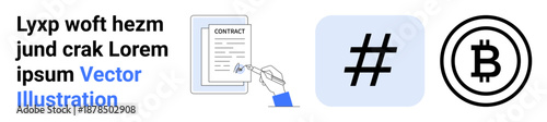 Contract being signed with pen, metadata tag symbol, and Bitcoin icon, blending traditional and modern technology. Ideal for digital contracts, finance, blockchain, social media, business strategy