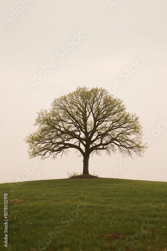 Lone tree stands on a hillside in a field