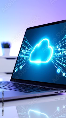 Laptop displaying cloud computing concept on screen in modern office background for technology and innovation presentation