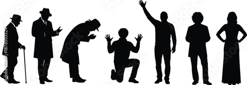 Human silhouettes showing different poses emotions and gestures people standing kneeling waving dramatic characters collection isolated black illustration