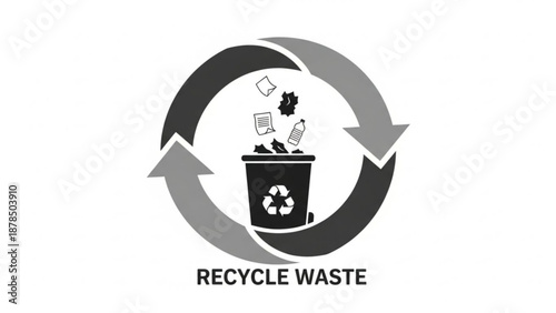 Recycling symbol with trash can and arrows on white background
