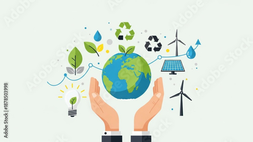 Hands cradling Earth with eco-friendly symbols around