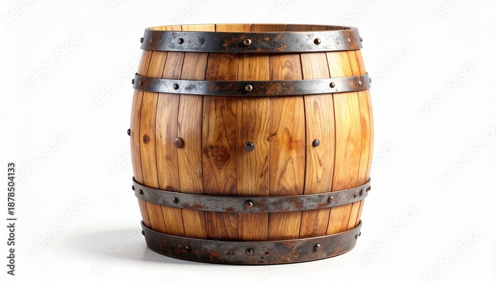 Obraz premium Rustic wooden barrel with aged metal bands, cylindrical shape and bulging center, natural wood grain and knots visible, evokes traditional storage for wine, whiskey, or spirits in vintage setting.