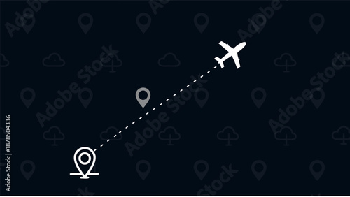 Airplane flying through minimalist night sky with map route