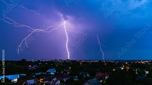 Stunning photo of lightning strikes illuminating a cityscape under a dark, dramatic, and stormy sky