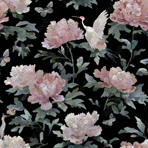 Seamless luxury Korean traditional mother of pearl lacquerware pattern with iridescent peonies and cranes