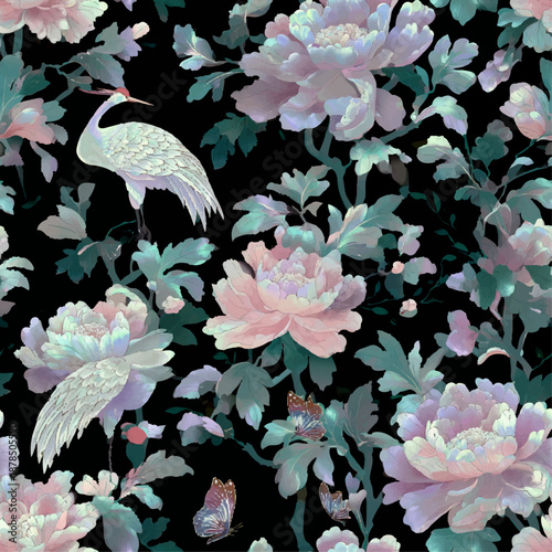 Seamless luxury Korean traditional mother of pearl lacquerware pattern with iridescent peonies and butterflies (Ver. 2)
영롱한 모란과 나비가 있는 럭셔리 한국 전통 나전칠기(자개) 연속 패턴 (버전 2)