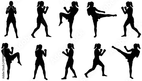 Martial arts silhouette showing female fighters performing kicks, punches, and balanced fighting poses during training.