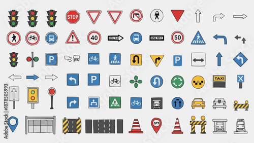 Collection of Road Traffic Signs and Signals Icons.