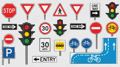Collection of various traffic and road signs and signals.