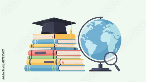 Stack of colorful books beside a globe and magnifying glass symbolizing study and global learning.