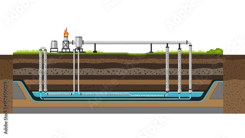 Cross-section of an underground pipeline system with multiple drainage and monitoring pipes.