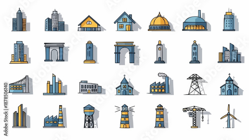 Collection of diverse architectural building illustrations.